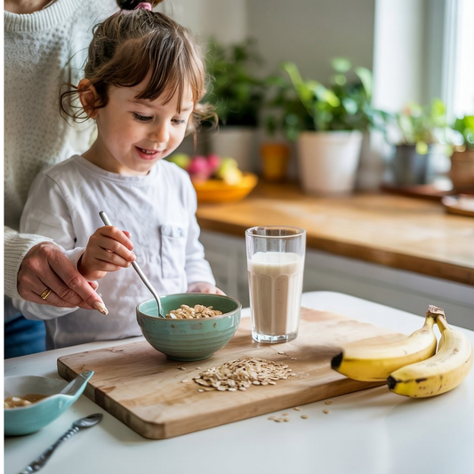 Petite fille en train de préparer un porridge sain à la banane et aux poudres de fruits naturelle biobino