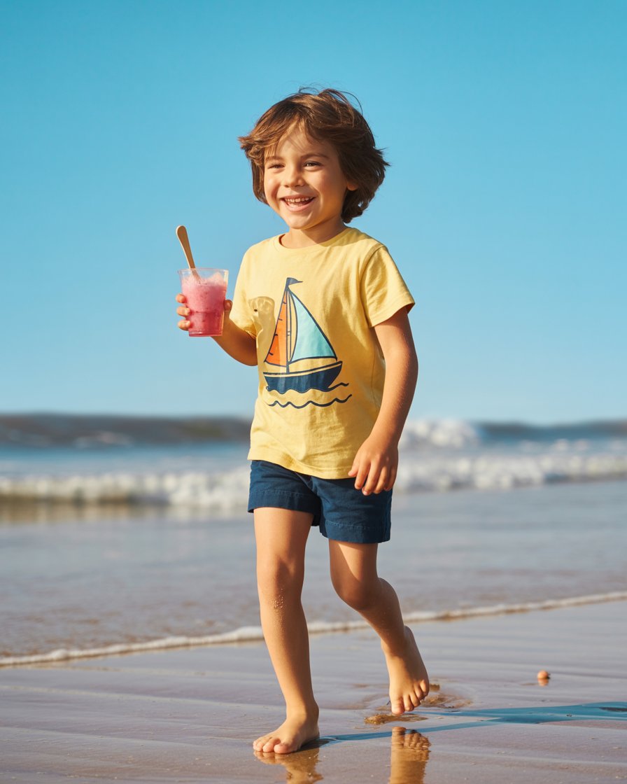 garçon qui marche sur la plage en prenant un goûter sain, un granité maison fais à partir de banane et poudre Biobino