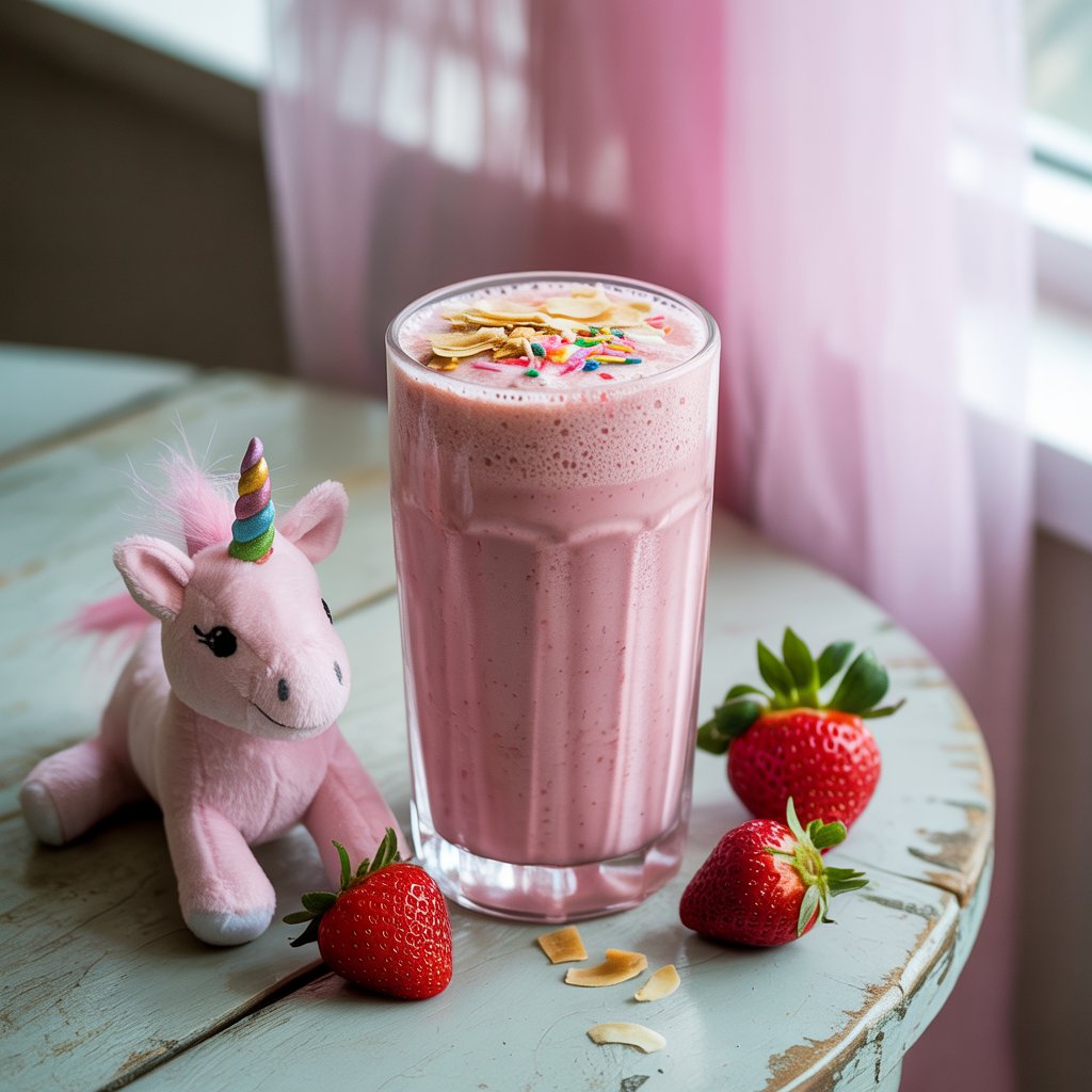 Une photographie d'un milkshake licorne sain et naturel fait à partir de bonne poudre biobino