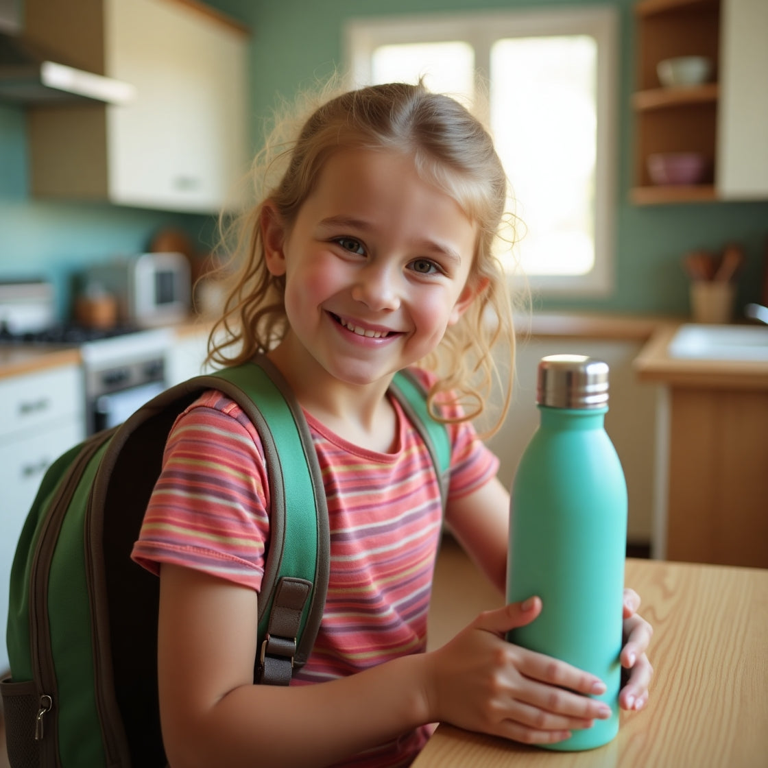 Photographie d'une petit fille prête à partir pour l'école avec sa boisson naturelle Biobino dans le sac pour le goûté