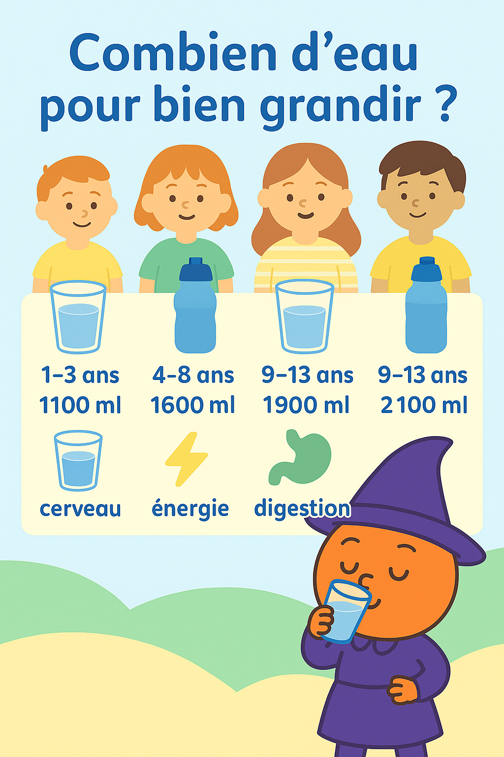 Hydratation des enfants : pourquoi c’est si important, quelles quantités, et comment les aider à boire mieux (et sainement)