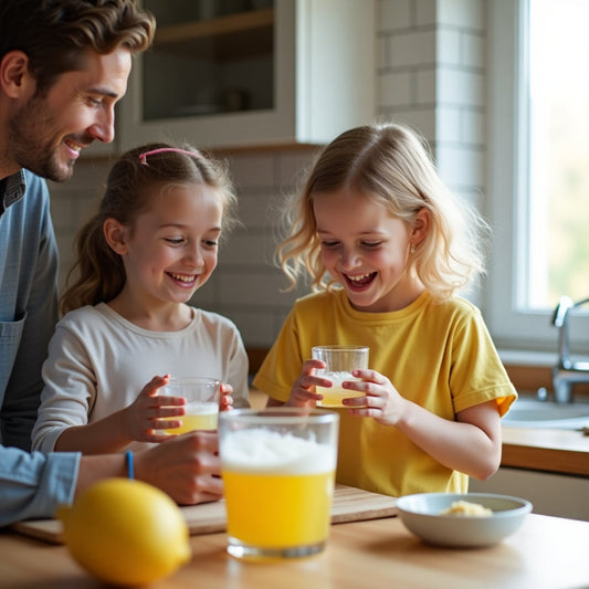 Deux enfants qui boivent une citronnade naturelle Biobino lors d'un gouter sain et familial