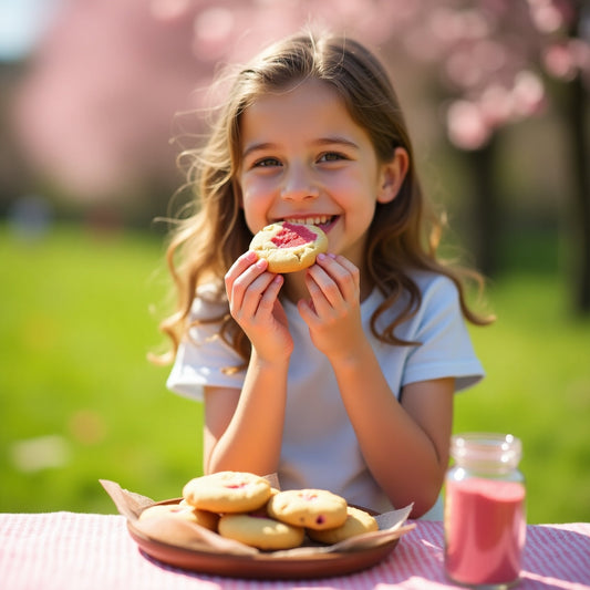 Un enfant qui mange un cookie fait à partir de poudre de fraise. Celui-ci est sain et naturelle pour un gouter joyeux