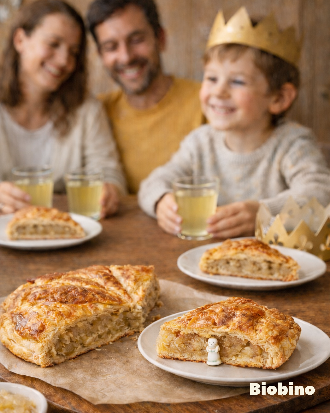 Image d'une famille en train de manger une délicieuse recette de galette des rois sans frangipanee 