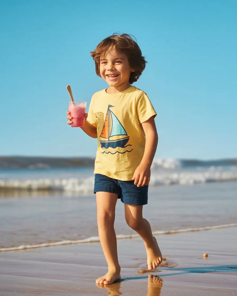 garçon qui marche sur la plage en prenant un goûter sain, un granité maison fais à partir de banane et poudre Biobino
