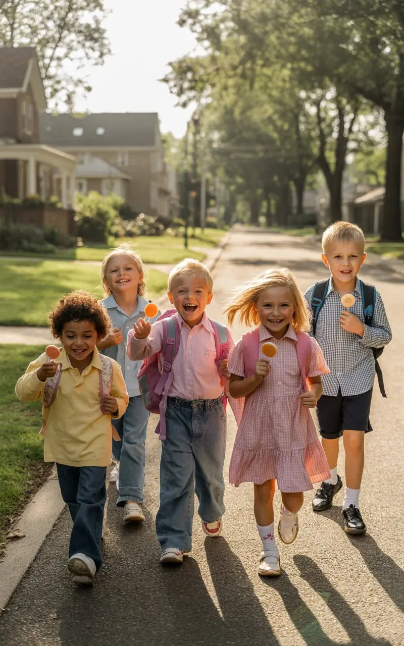 Des enfants qui rentrent de l'école avec une sucette naturelle au fruit faite maison