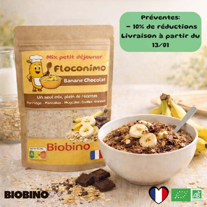 Floconimo - le mix  petit déjeuner unique pour Porridges, Pancakes, Mug Cakes...