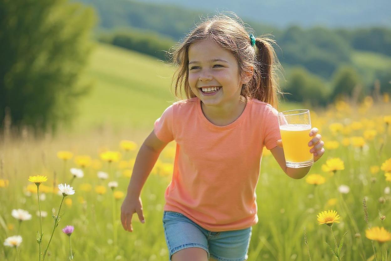 Fille de 9 ans qui est dans la nature en train de déguster une délicieuse citronnade Biobino saine sans sucre ajoutée et avec des fibres